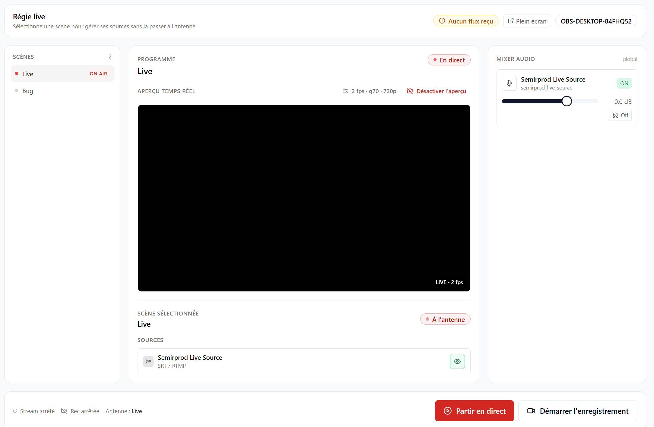 Dashboard live Semirprod — Regie live avec apercu, scenes et controles