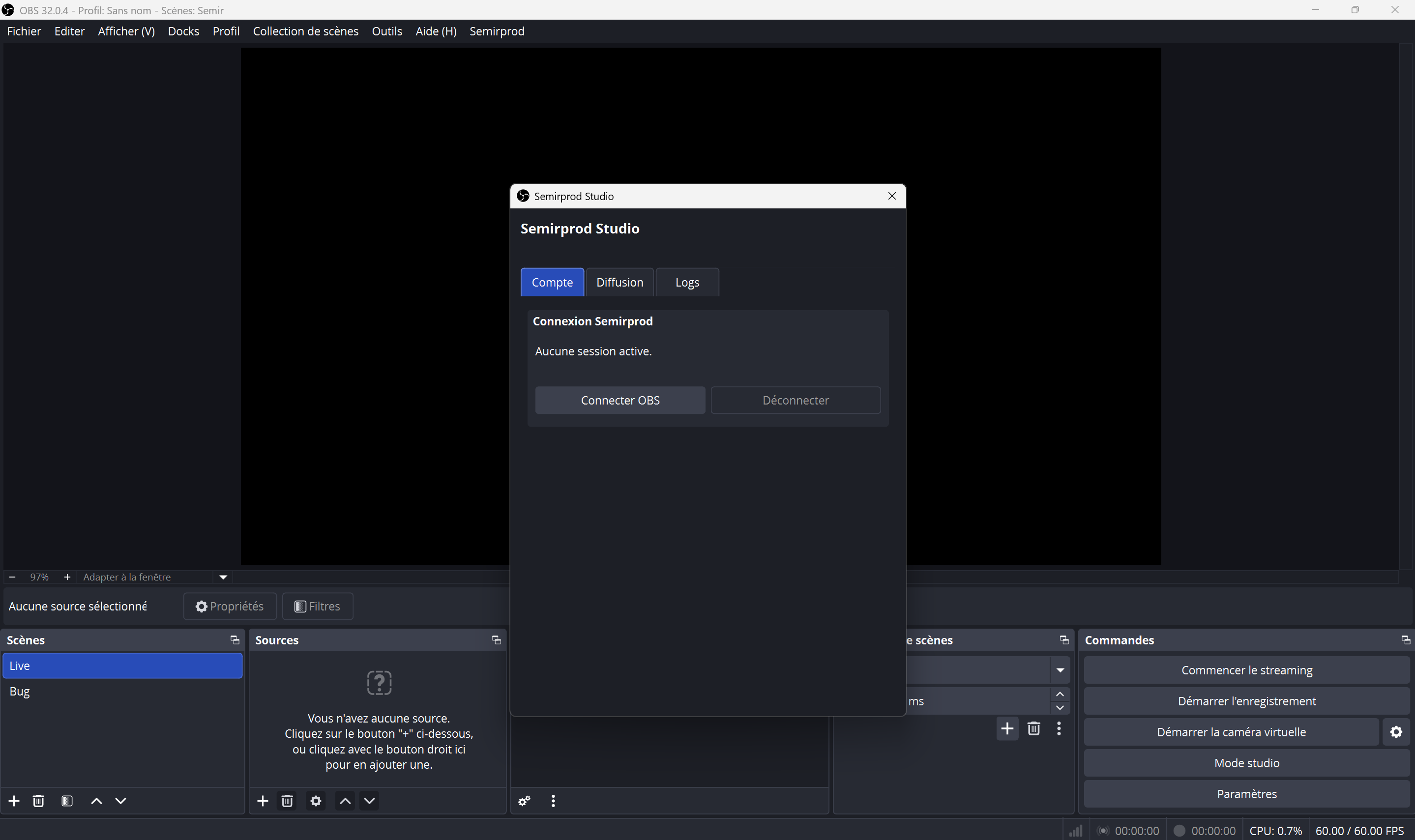 Fenetre Semirprod Studio dans OBS — etat non connecte