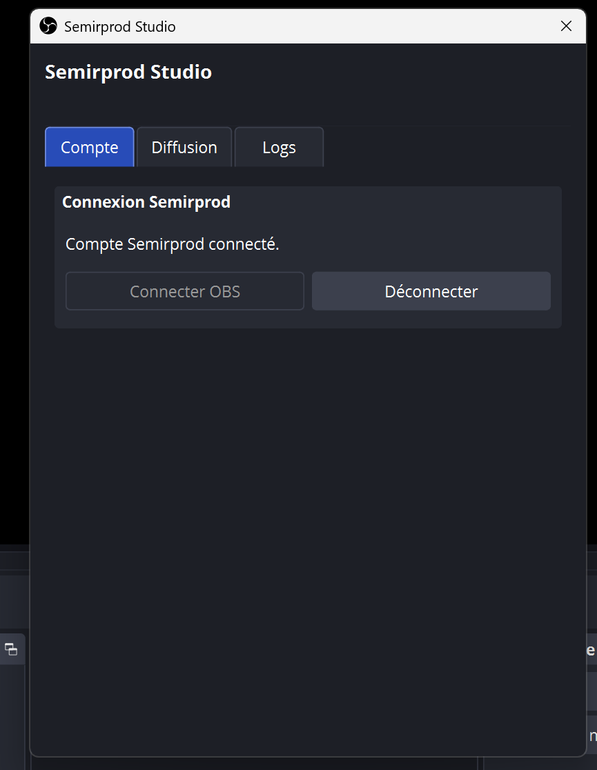 Fenetre Semirprod Studio dans OBS — etat connecte
