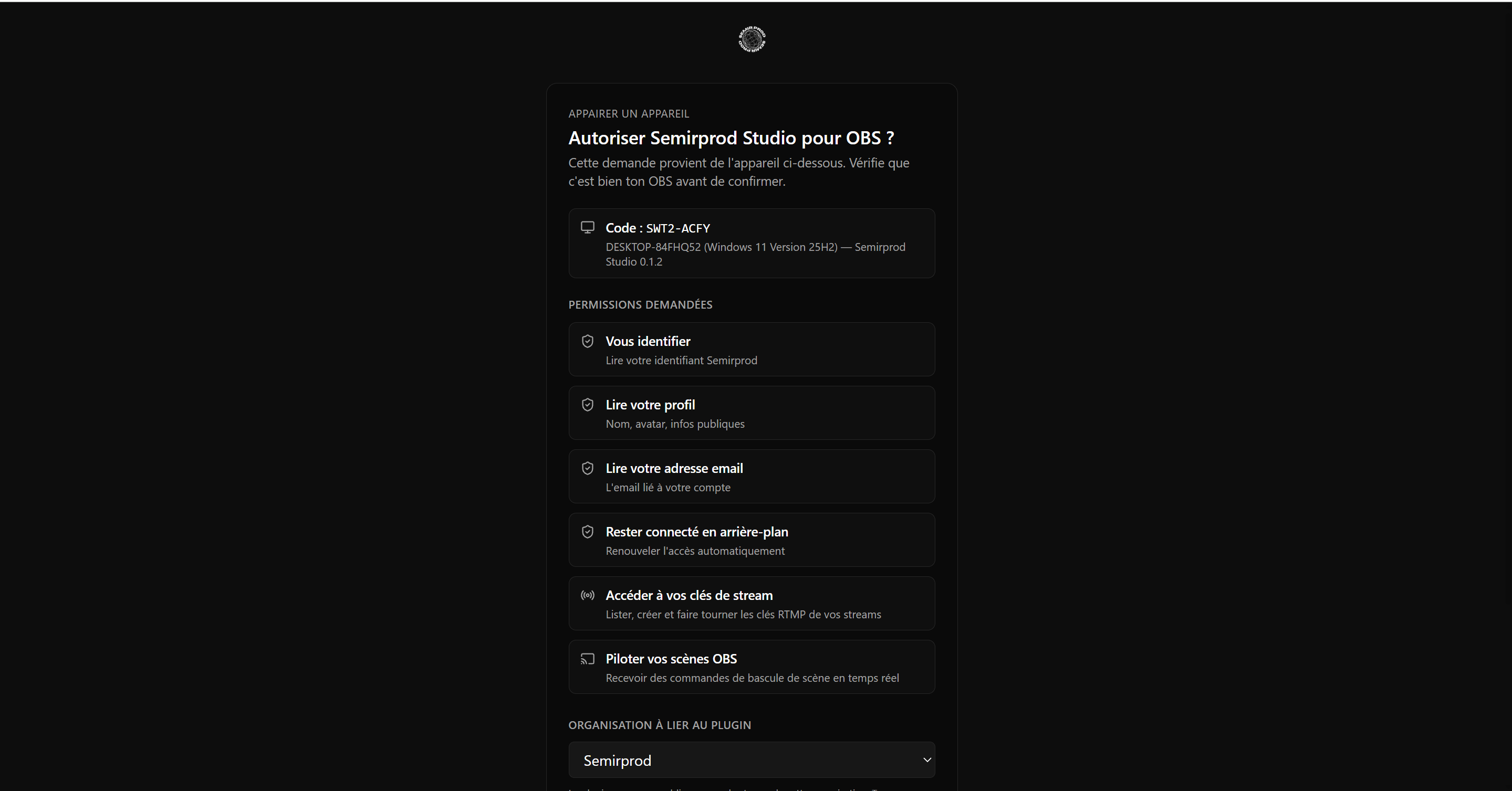 Page d'autorisation Semirprod Studio pour OBS
